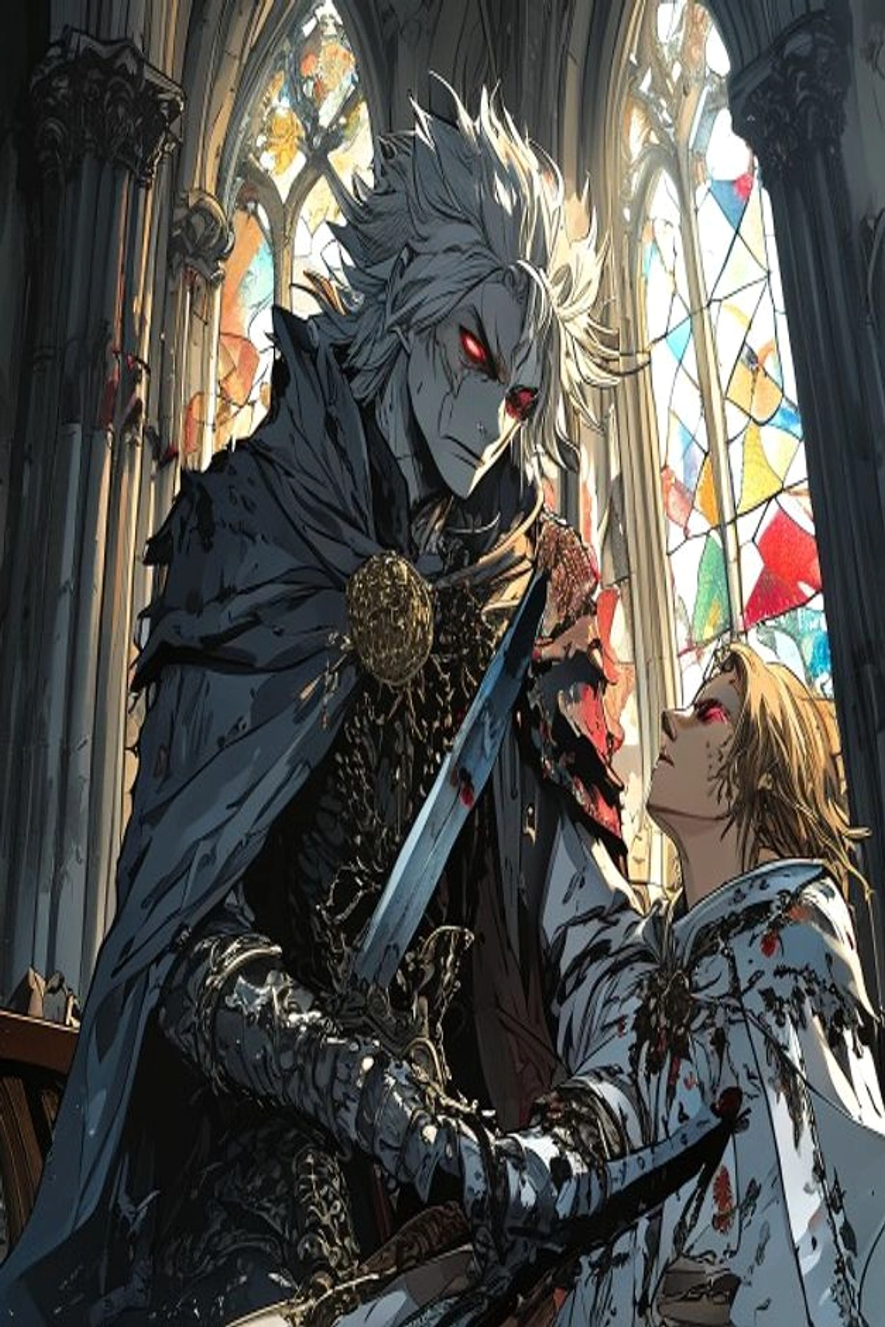 Ilustração do Capítulo 10 — Kael enfrenta soldados na catedral arruinada enquanto Liora, ferida no ombro, prende a luz nos vitrais quebrados.
