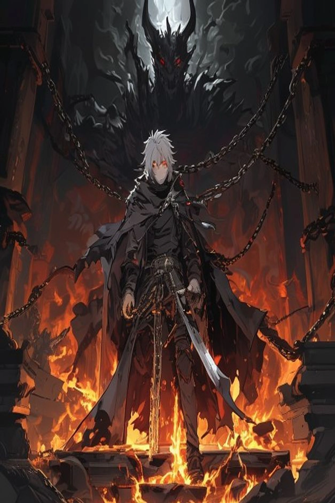Ilustração do Capítulo 15 — Kael recusa sentar no trono vivo e crava Nadir nele, cercado por Liora, Korr, Sika, Garon, Tessa, Mirelle e Ulda na Forja de Coroas.
